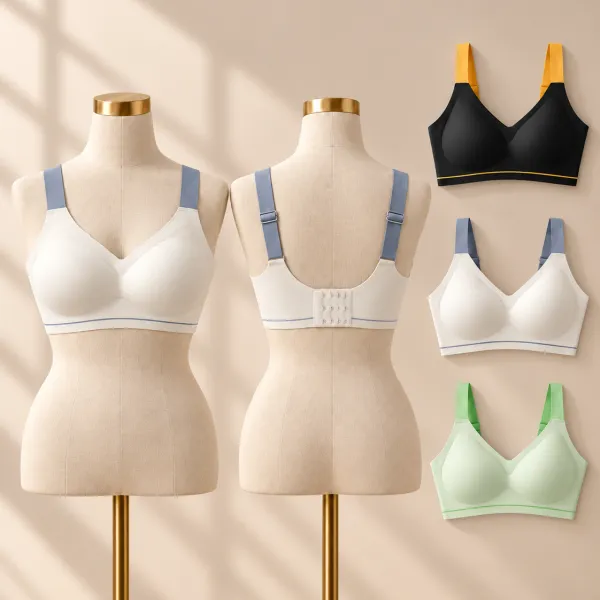 Wire-Free Push-Up Seamless Bra on mannequin, front and back with 3-row hook, black, ivory and mint