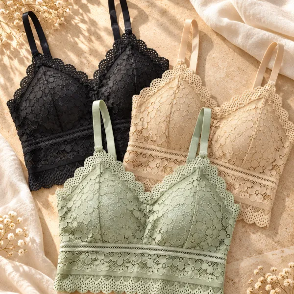 Lace Bralette with pads, flat-lay in three colours