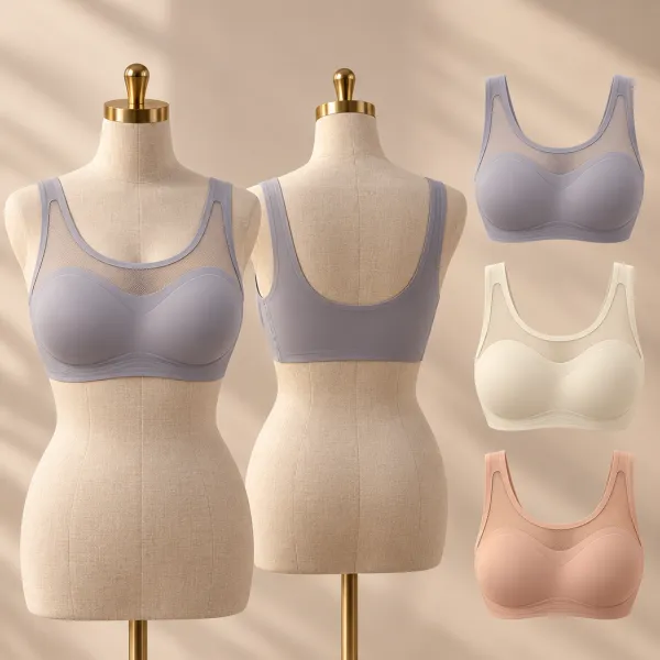 Mesh Seamless Wire-Free Bra on mannequin, front and back, grey, ivory and pink